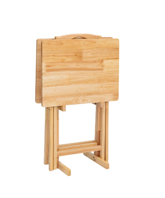 Rubberwood Folding TV Tray Table Set 2Pc Natural with Storage Rack