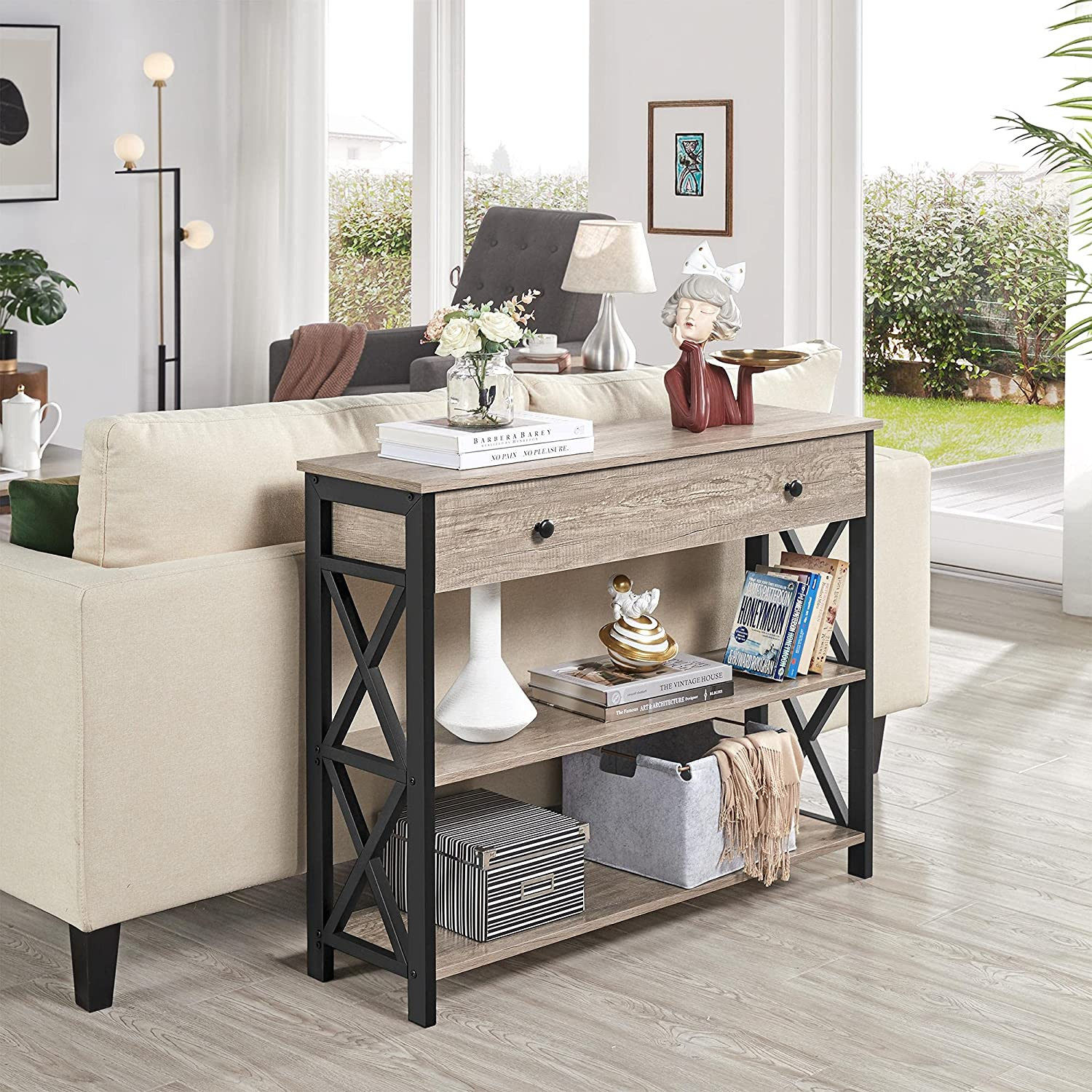 Stylish Gray Console Table with Drawer & 3-Tier Storage for Any Room