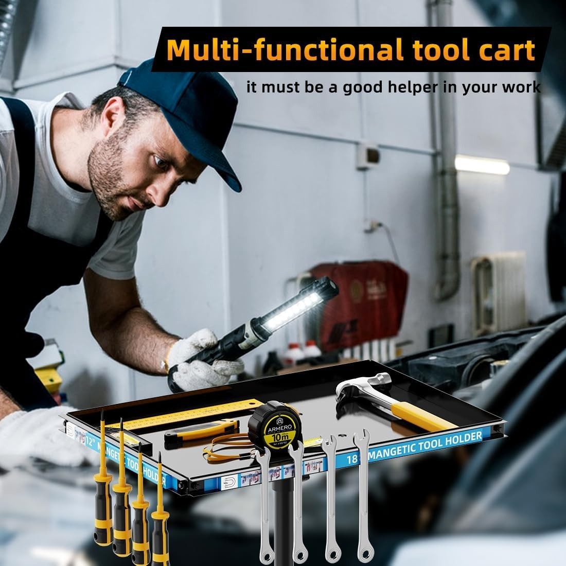 Mobile 360° Rolling Work Table with Magnetic Tray – Versatile Garage Organizer