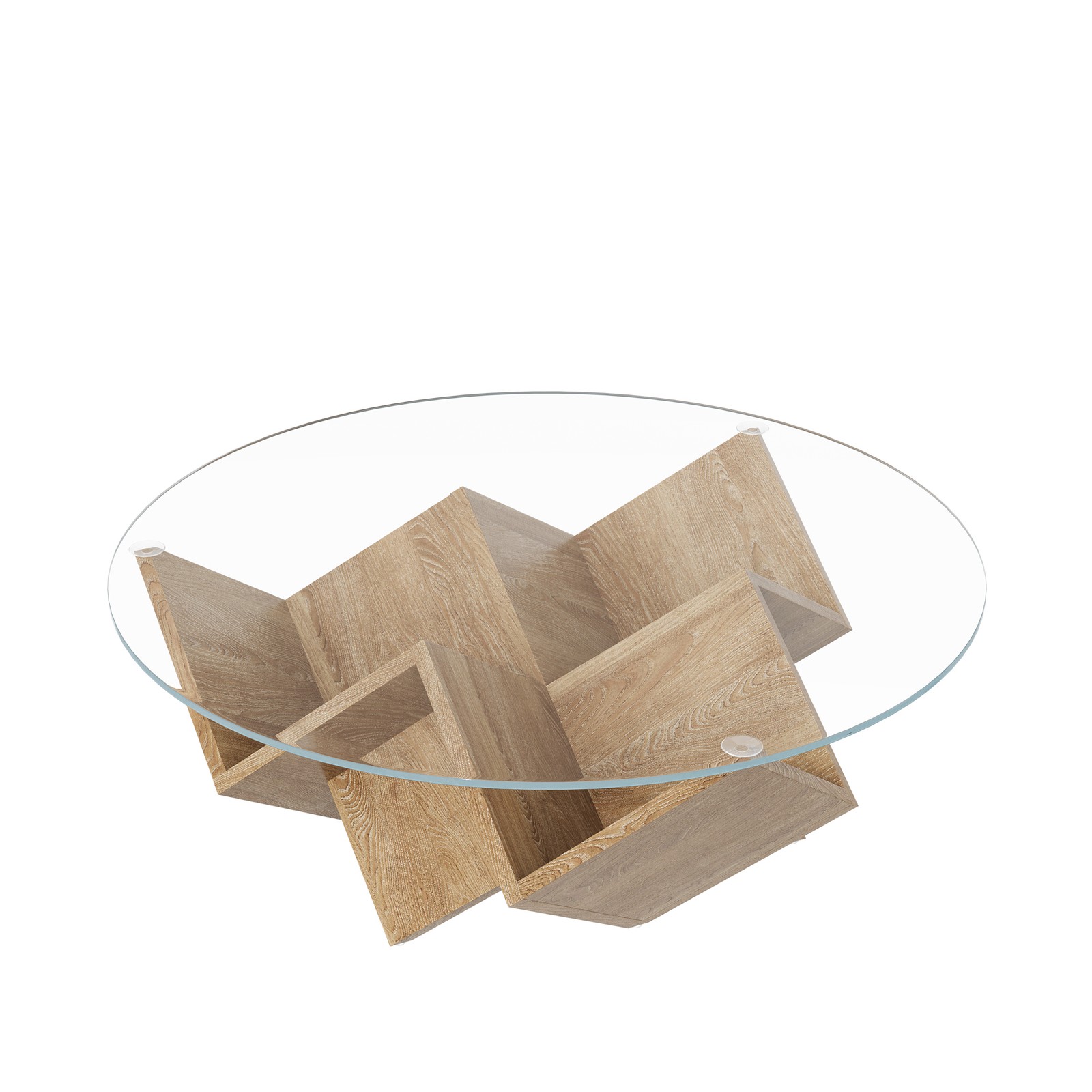 Modern Round Coffee Table with Tempered Glass Top and Geometric Art Deco Storage