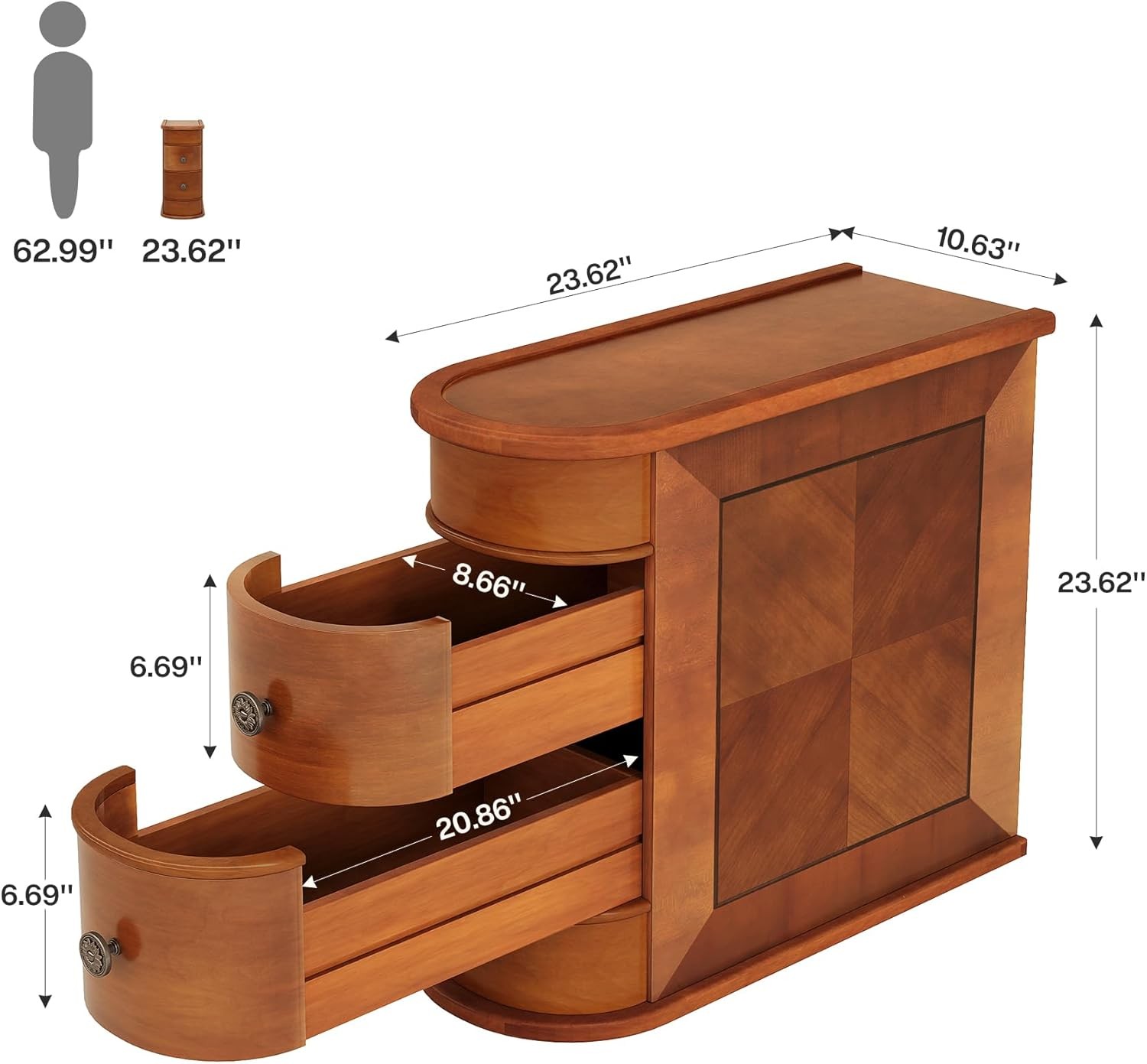 Narrow Bed Side Table with 2 Drawers,Solid Wood End Table, No Assembly Required