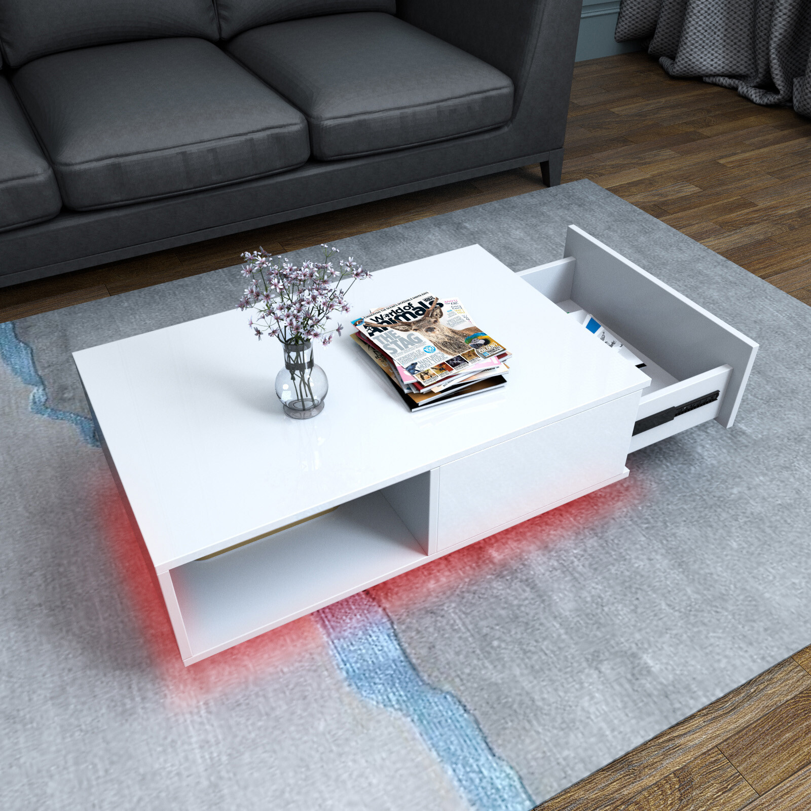 New Super Large 43″ High Gloss Side Coffee Table w/LED+Drawer Living Room White