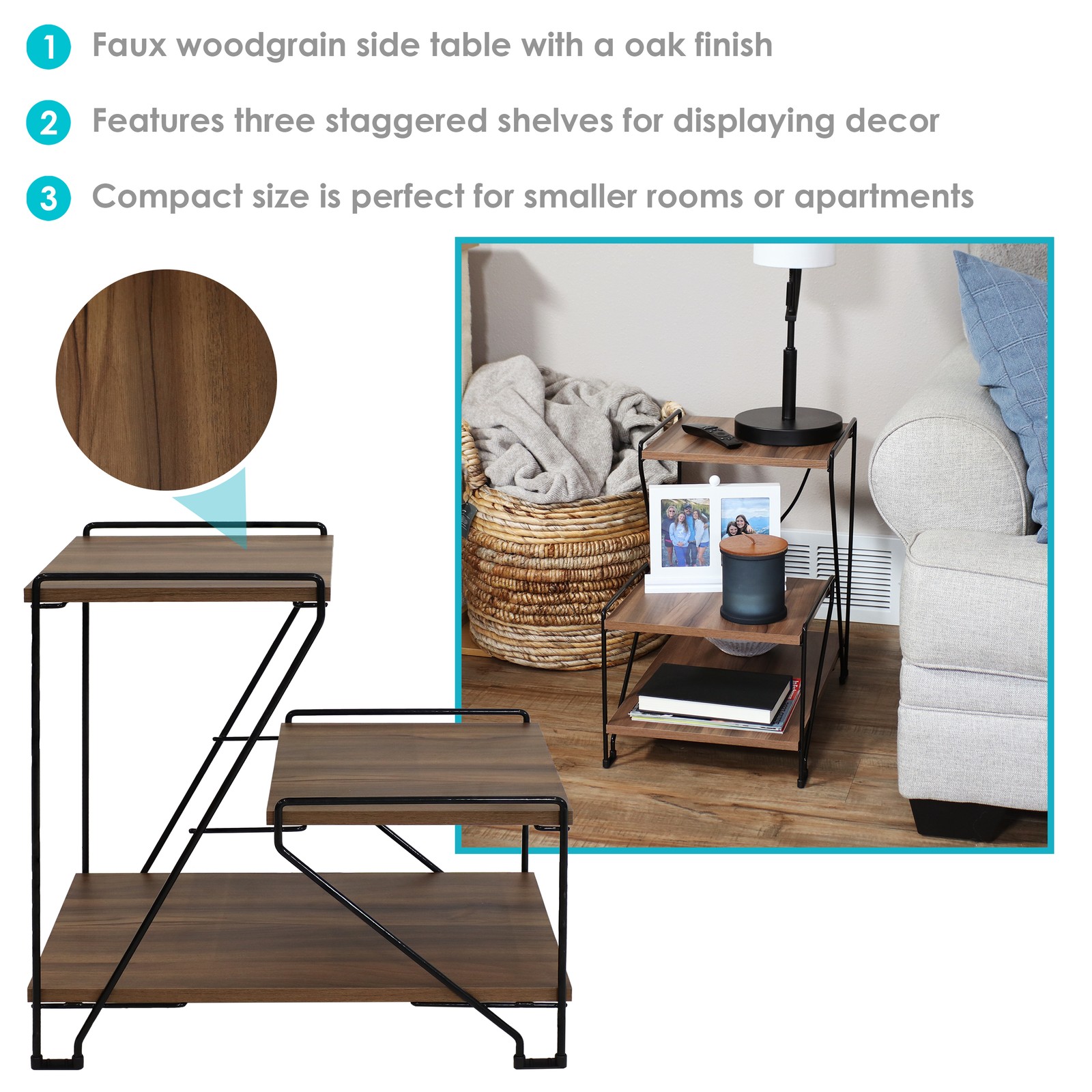 Indoor 3-Tiered Wire Accent Table with Faux Woodgrain Tabletops by Sunnydaze