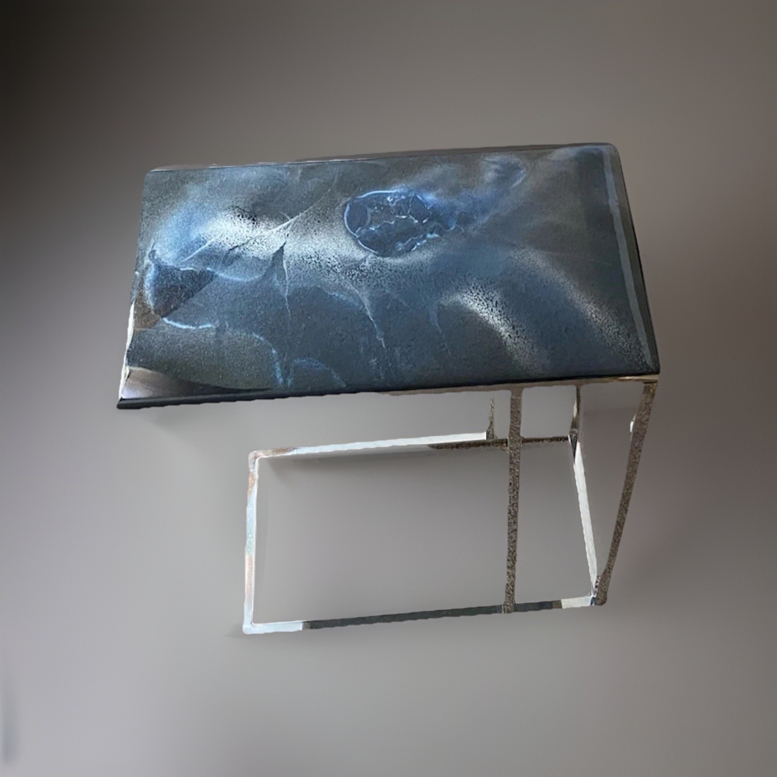 Custom C-Shaped Hand-Painted Glass and Chrome Side Table