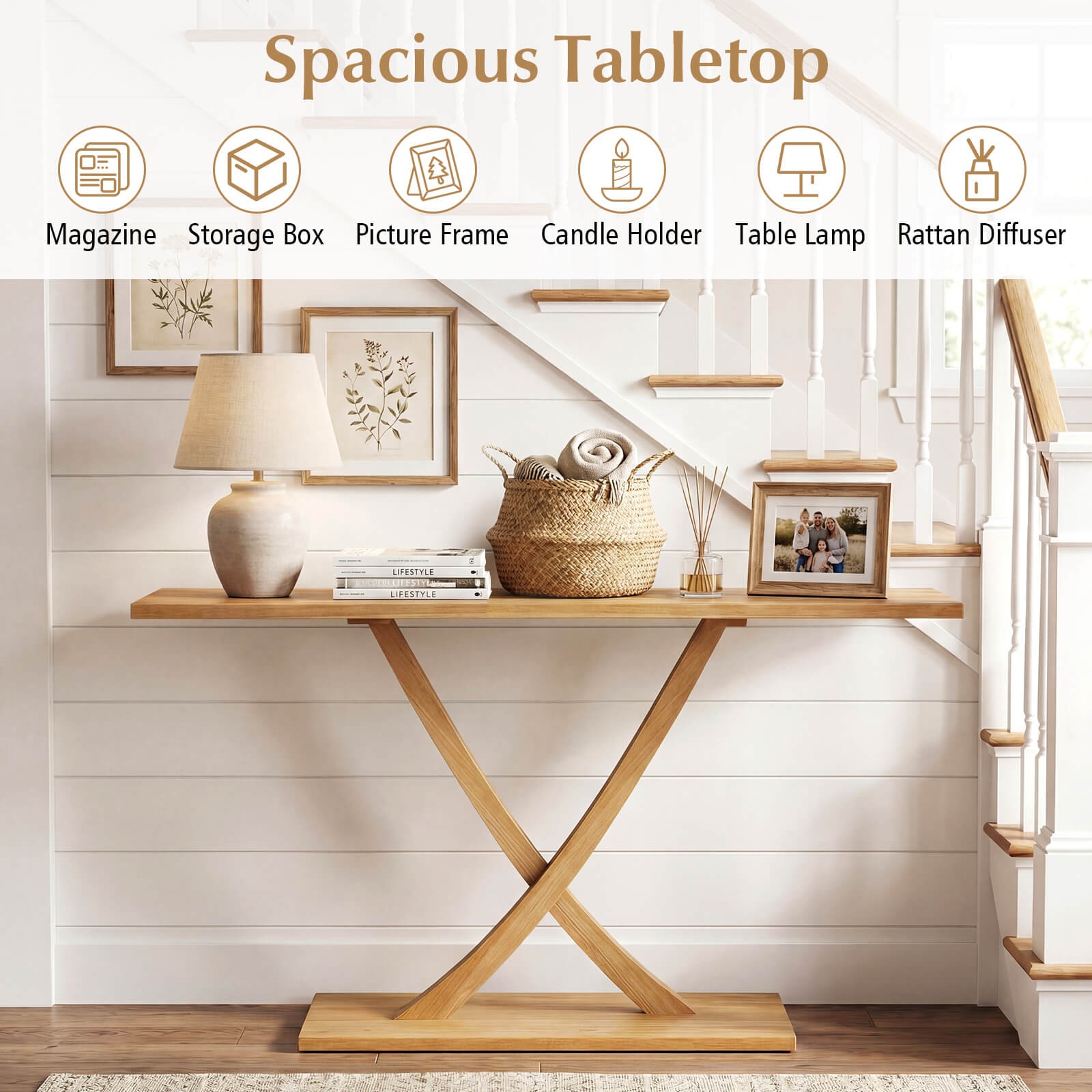 57″ Solid Wood Console Table, Narrow Farmhouse Sofa Table w/ Teak Wood Frame