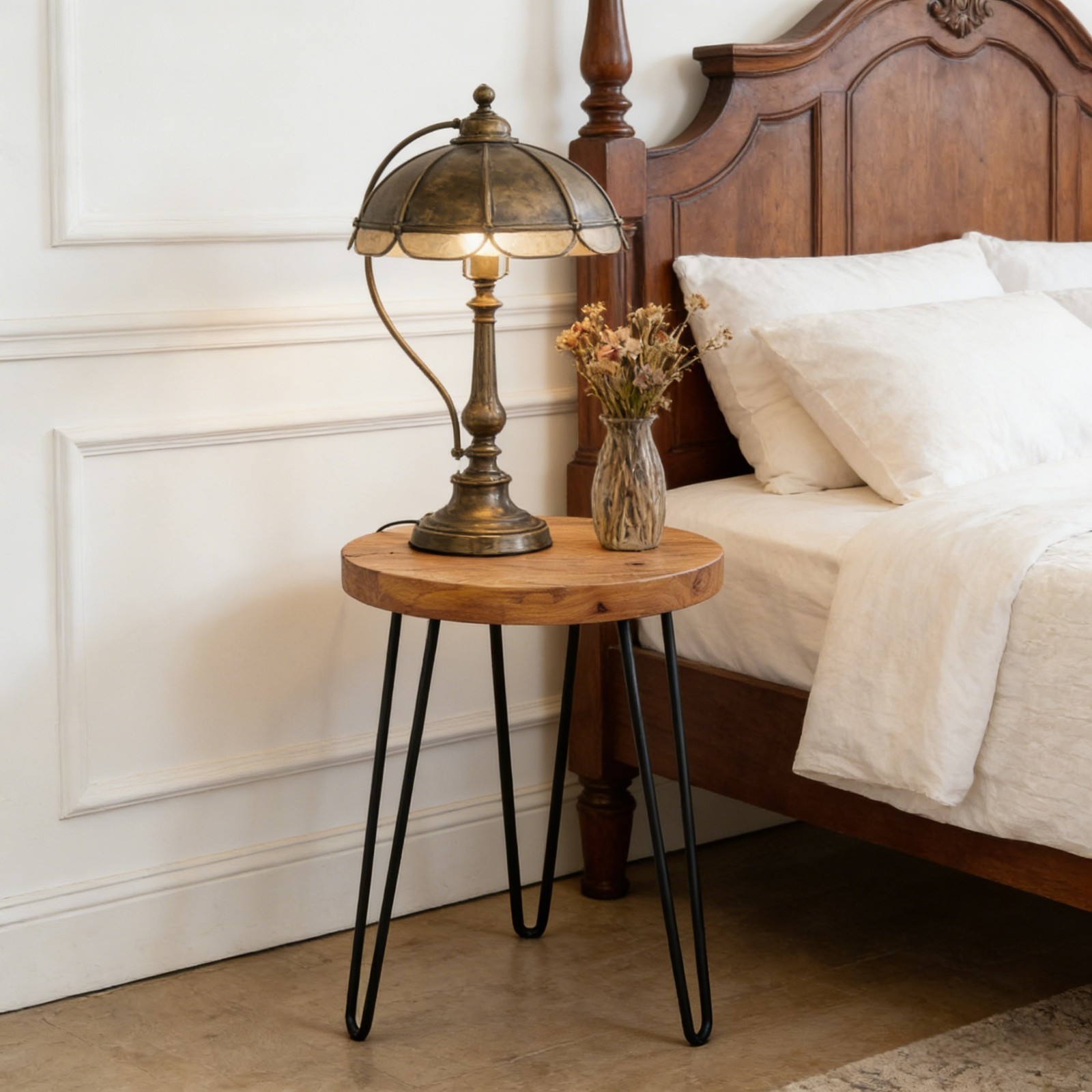 GREENAGE Rustic Old Elm Wood Round End Table Nightstand Sofa Side Table 20.5″ H