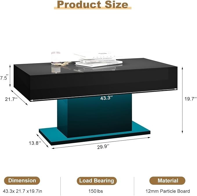 High Glossy Led Coffee Table Living Room Table Rectangular Center Table Black