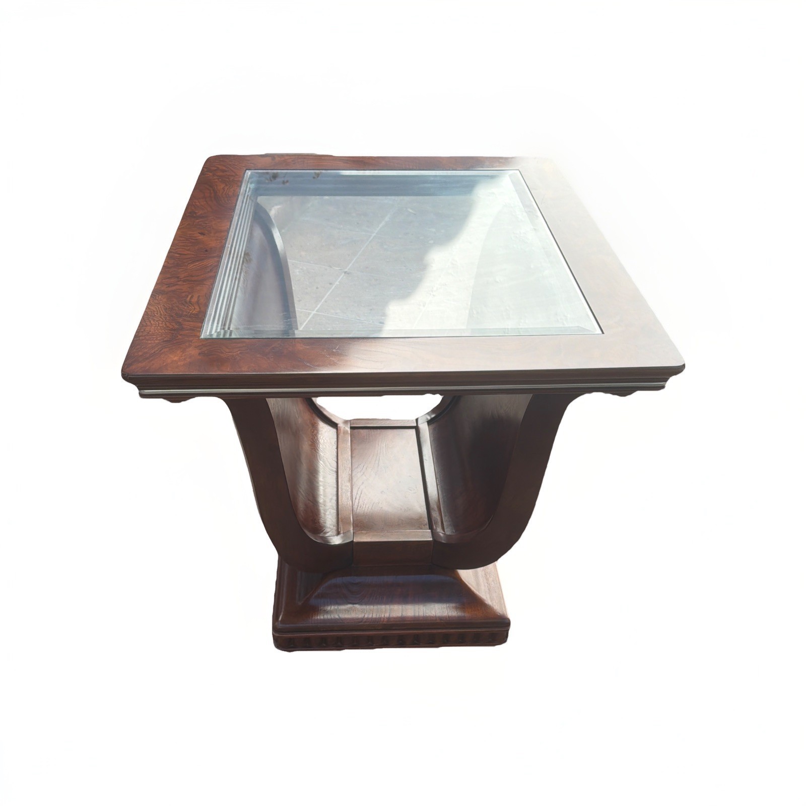 1 LARGE TULIP SHAPED GLASS TOP ELM WOOD SIDE END TABLE WITH HIDDEN BASE STORAGE