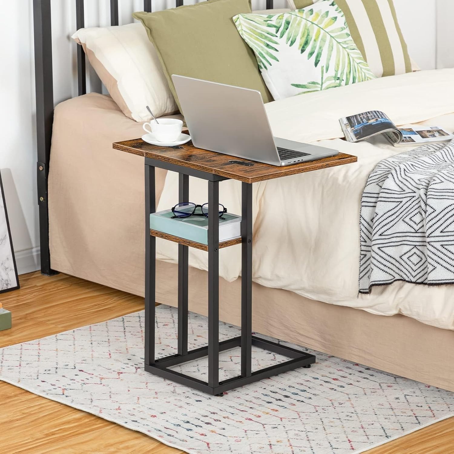 Foldable C Shaped End Table, C Shaped Side Table with Storage Shelf, Small Sn…