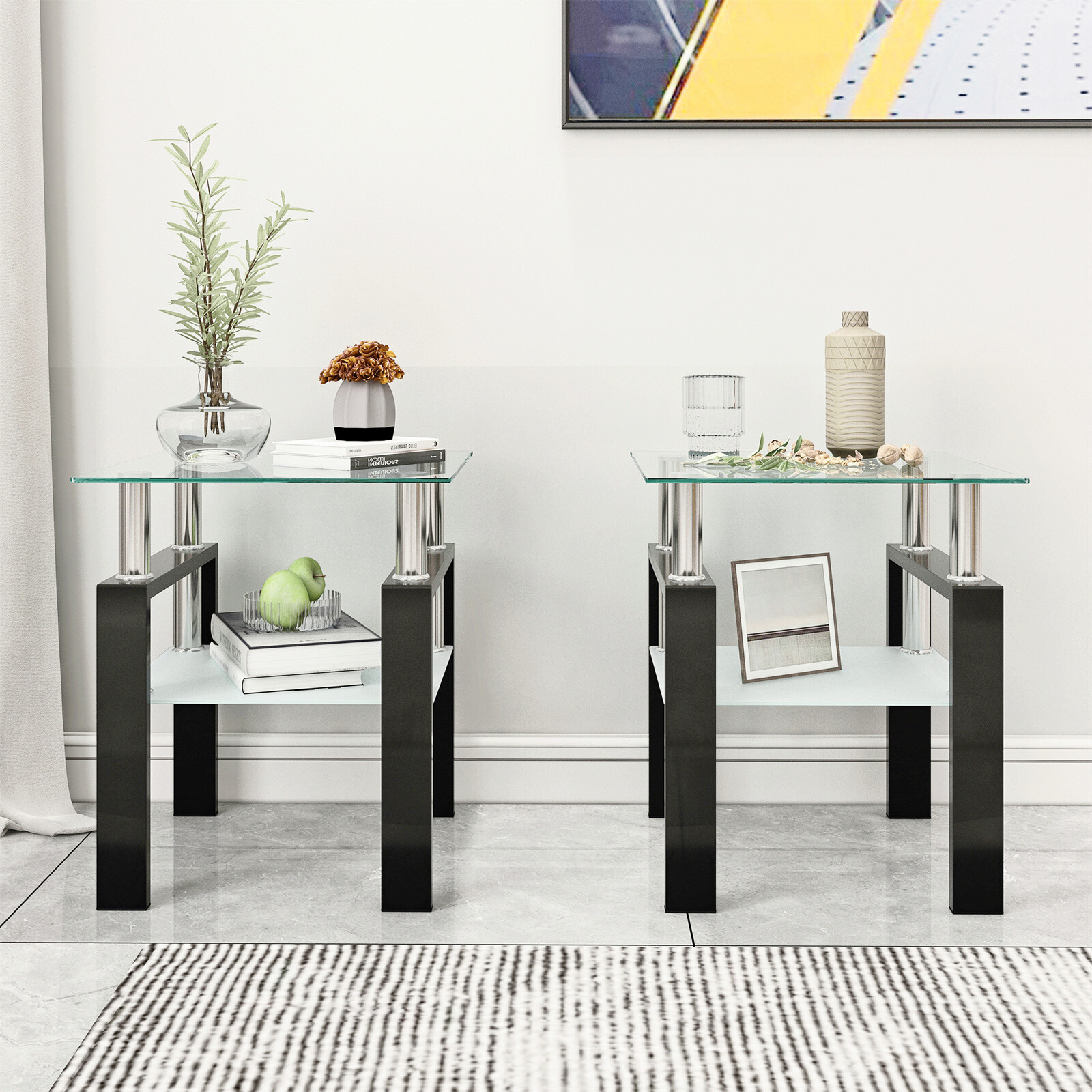 Modern Tempered Glass Set of 2 Coffee Table Tea Table Square Table End Table