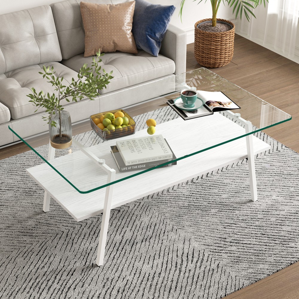 Gray Glass Rectangle Coffee Table, White Metal Legs
