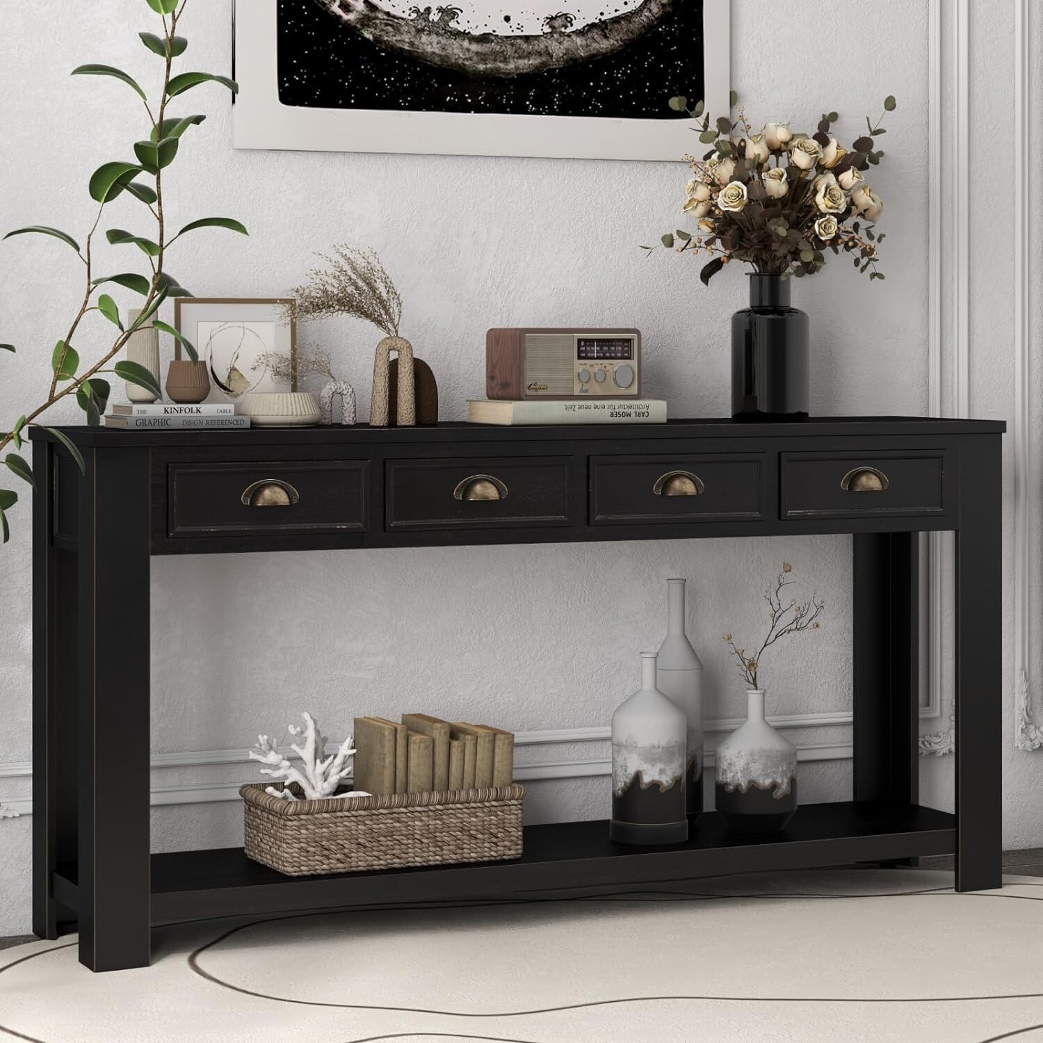 Rustic Entryway Console Table 60 ” Long Sofa Table with 4 Drawers Shelf Wooden
