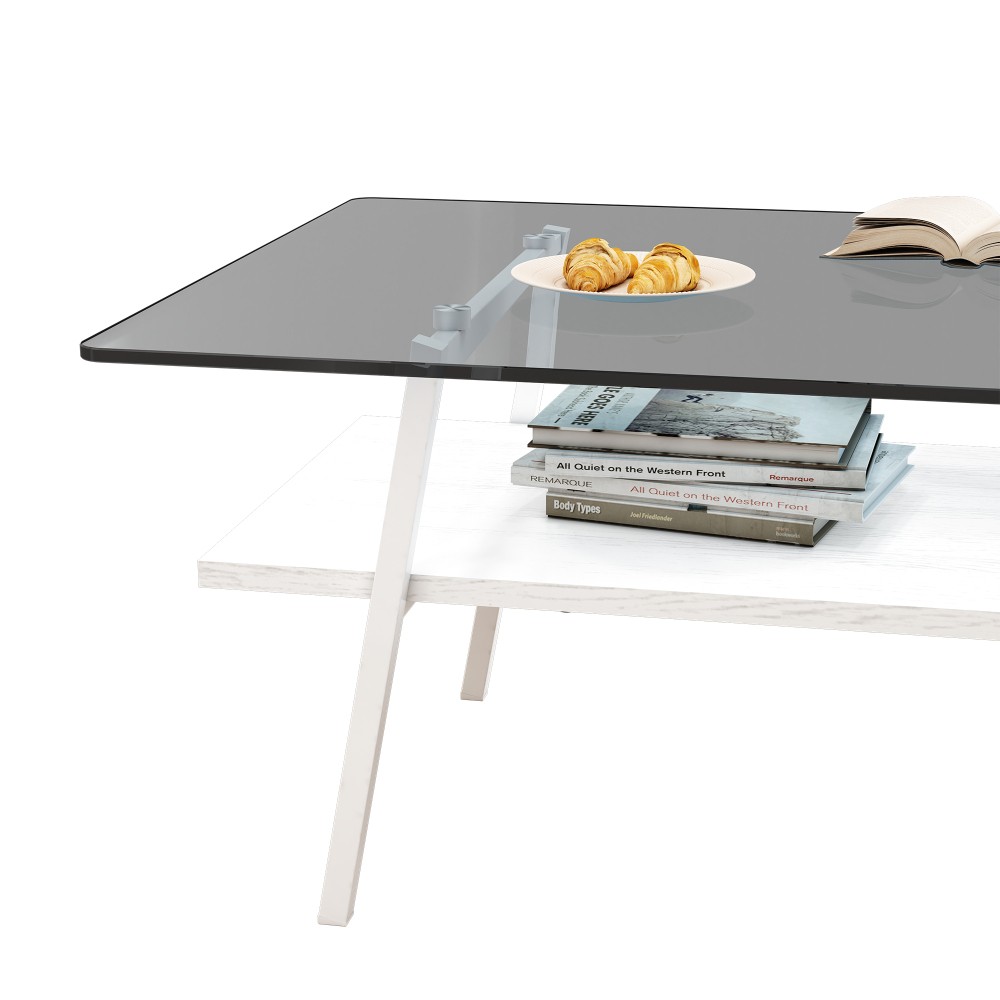 Gray Glass Rectangle Coffee Table, White Metal Legs