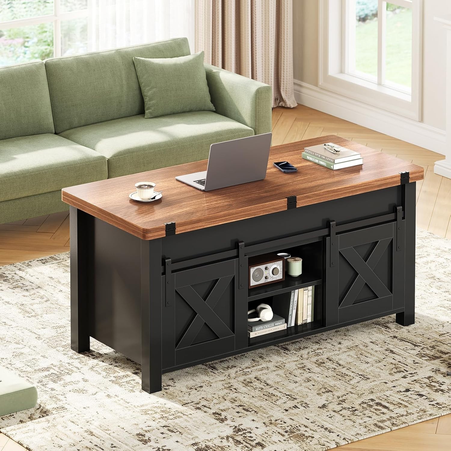 Farmhouse Lift Top Coffee Table, 4 in 1 Convertible Coffee Table with Storage