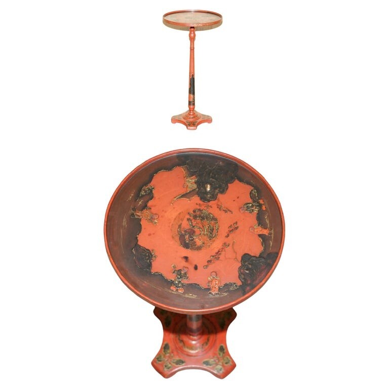 LOVELY ANTIQUE CHINESE CHINOISERIE LACQUERED & HAND PAINTED SIDE LAMP WINE TABLE