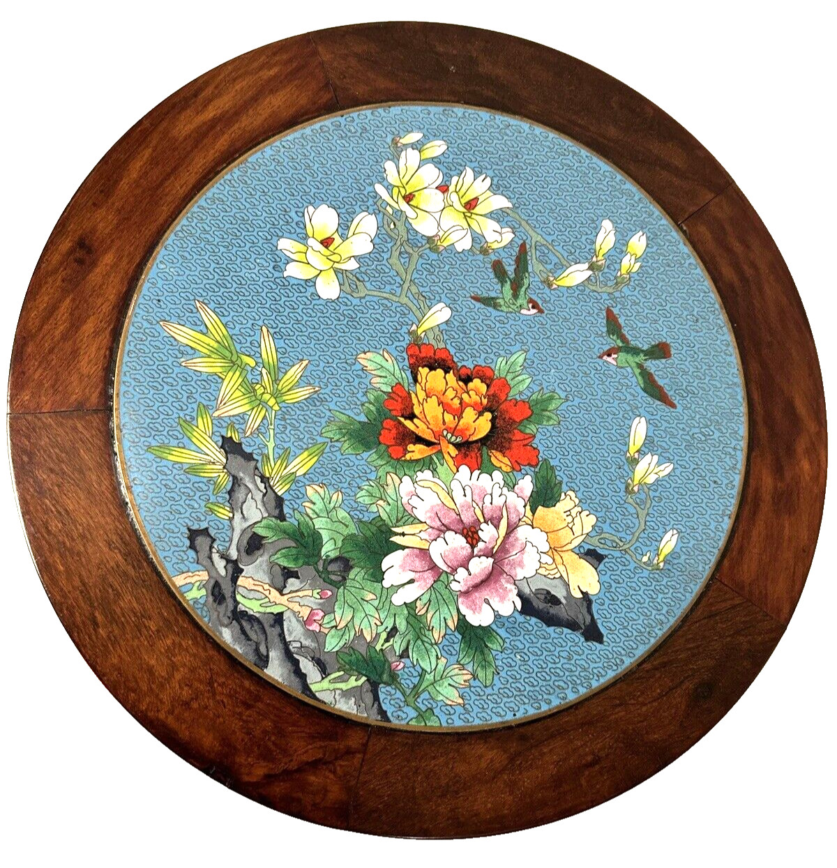Small Chinese Cloisonné Floral Inlay Top & Carved Wood Round Pedestal Table