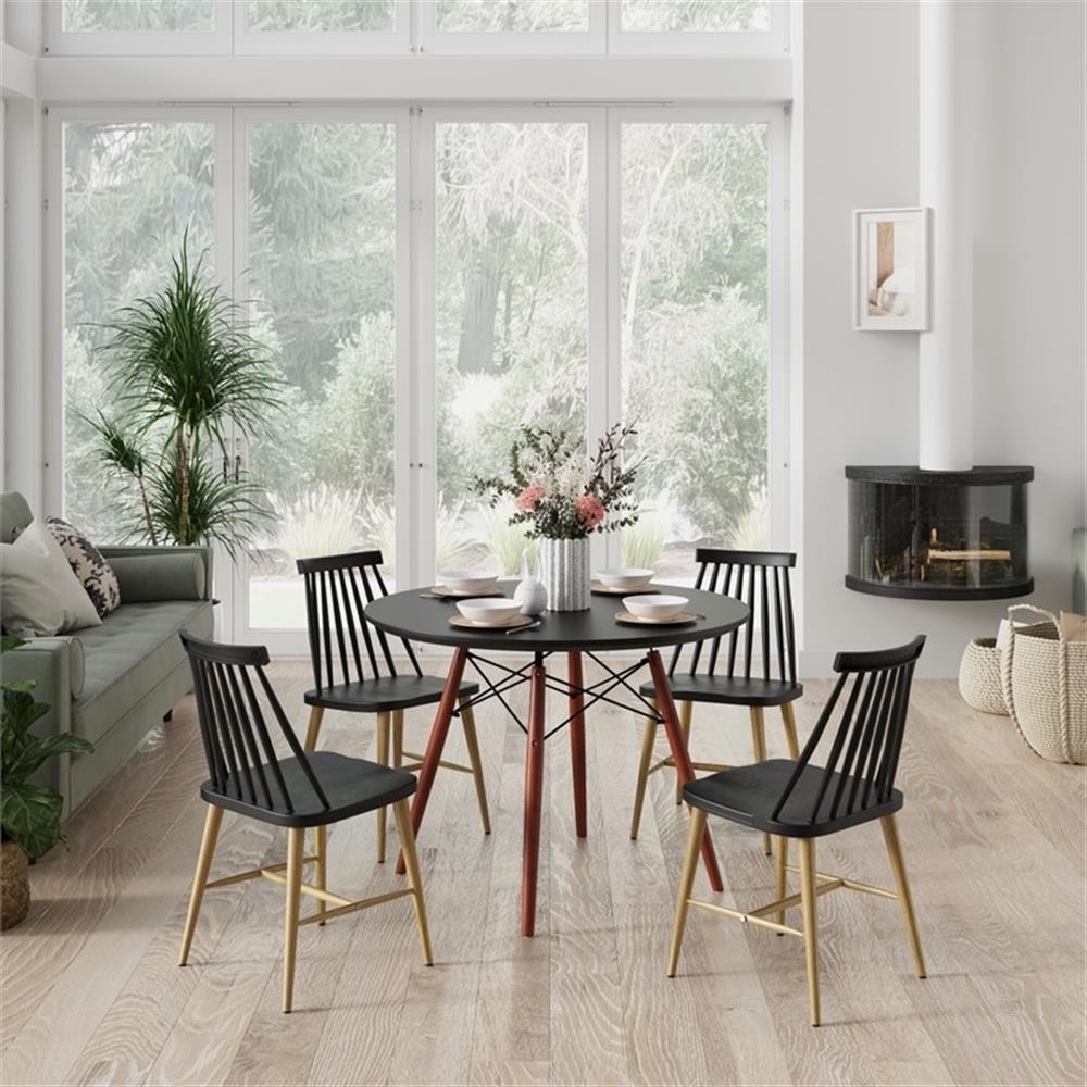 Pemberly Row Modern 39″ Round Dining Table in Black and Walnut