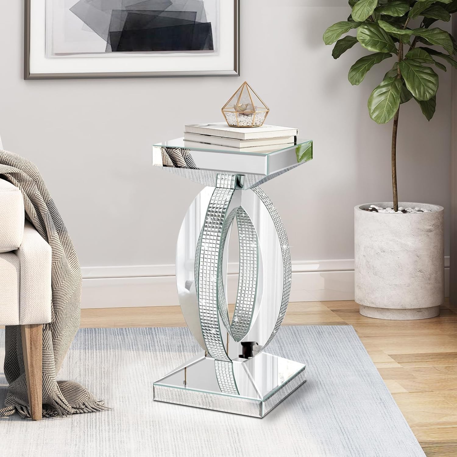 12″x12″x24″Silver Mirrored End Table with Crystal Inlay,Modern Side Accent Table
