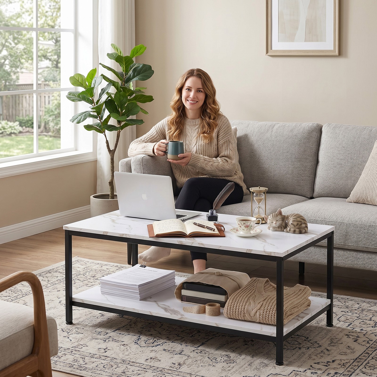 39″ Coffee Tables for Living Room White Center Table & Side Table with Storage