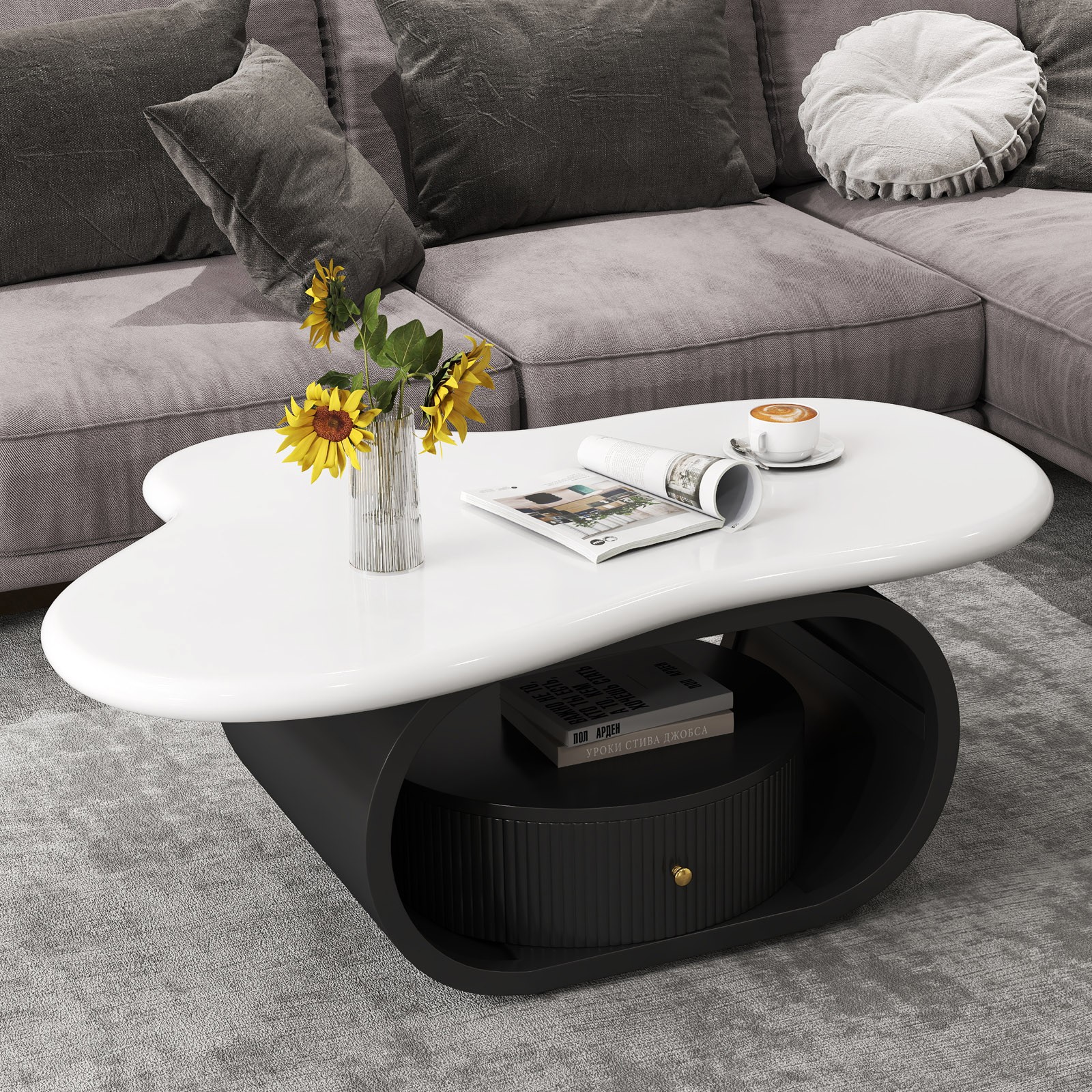 39″ Irregular Cloud Coffee Table MDF Metal Center Table with Drawer Home Office