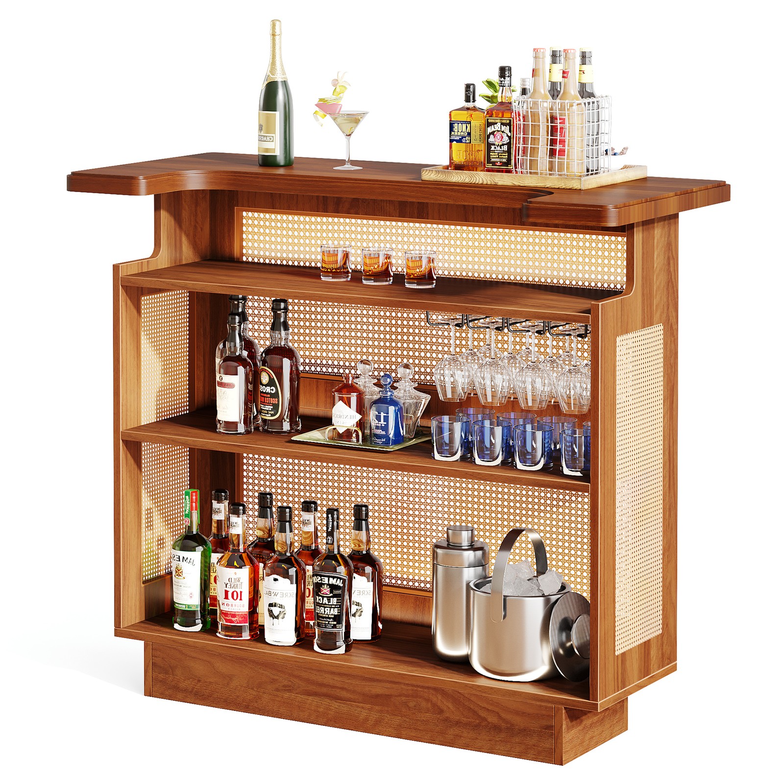 Modern Bar Table, 4-Tier Home Bar Unit with Wine Racks & Glass Holder for Bistro
