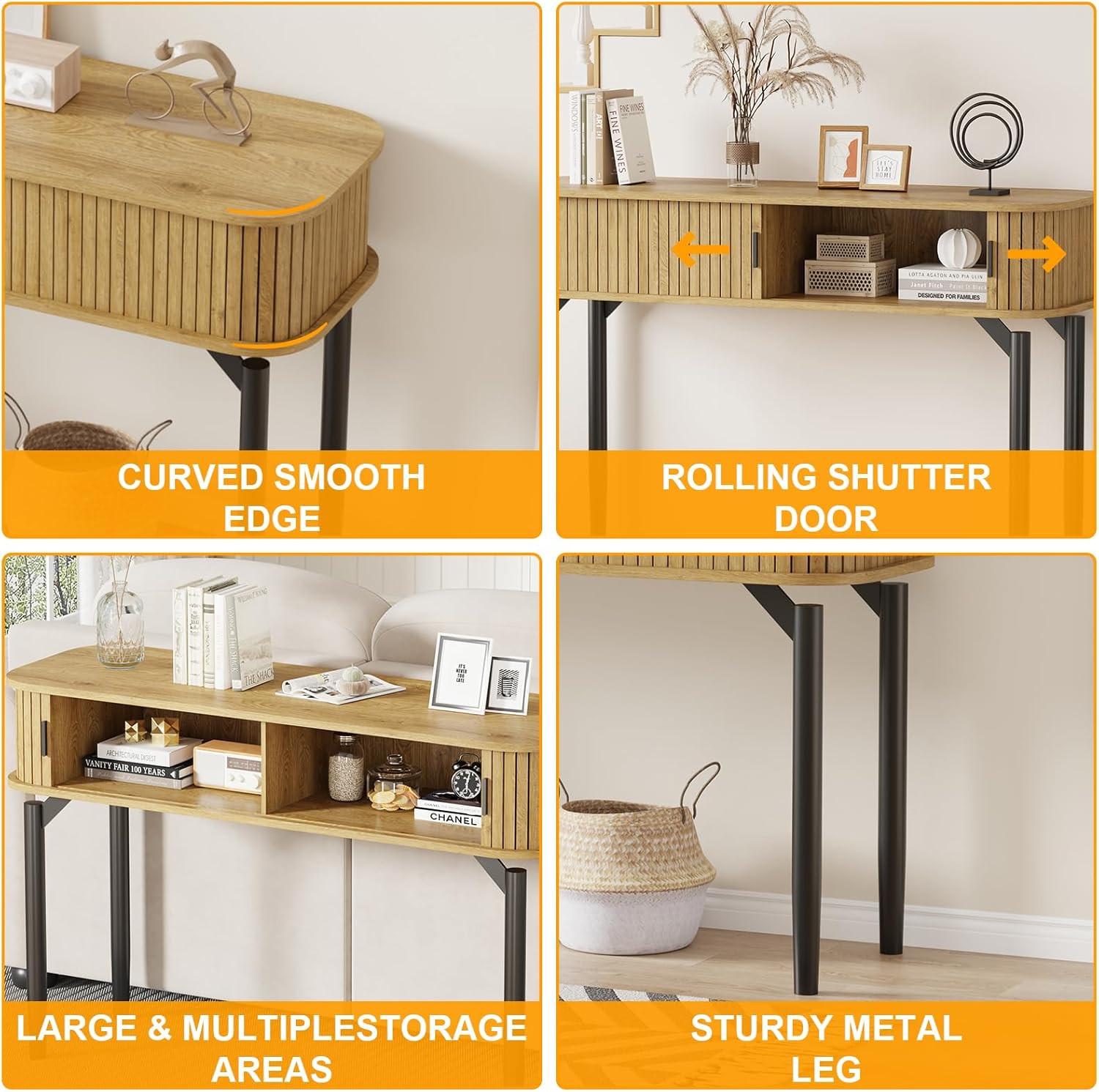Stylish Oak Fluted Console Table with Sliding Door Storage for Entryway