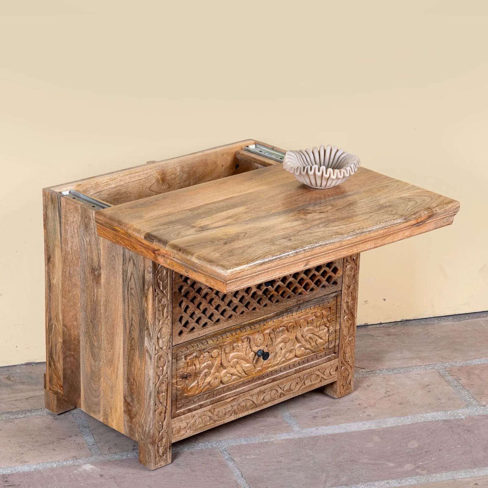 Artisan Handmade Bedside Table Solid Wood Hand Carved 44.5 × 39.5 × 59 cm