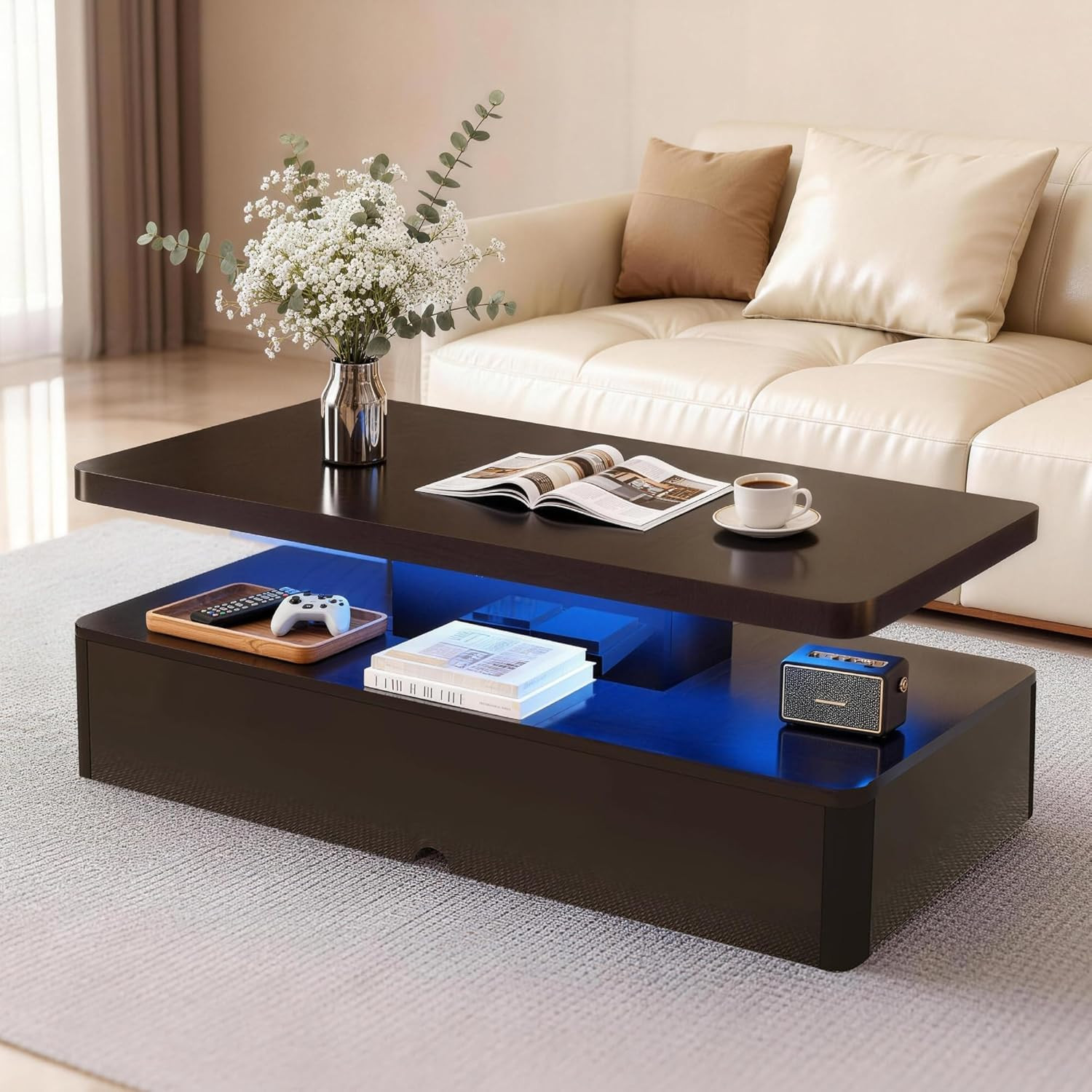 47″ LED Coffee Table with Storage, Modern High Glossy Design for Living Room