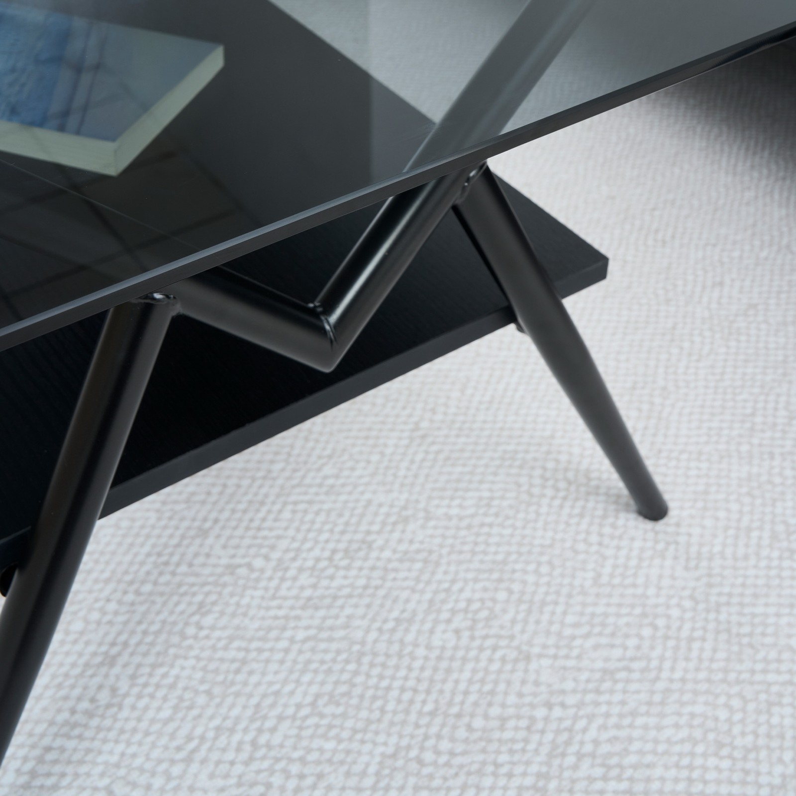 W38.6″ Tempered Glass Metal Legs Coffee Table Sofa Cocktail Centre Table w Shelf