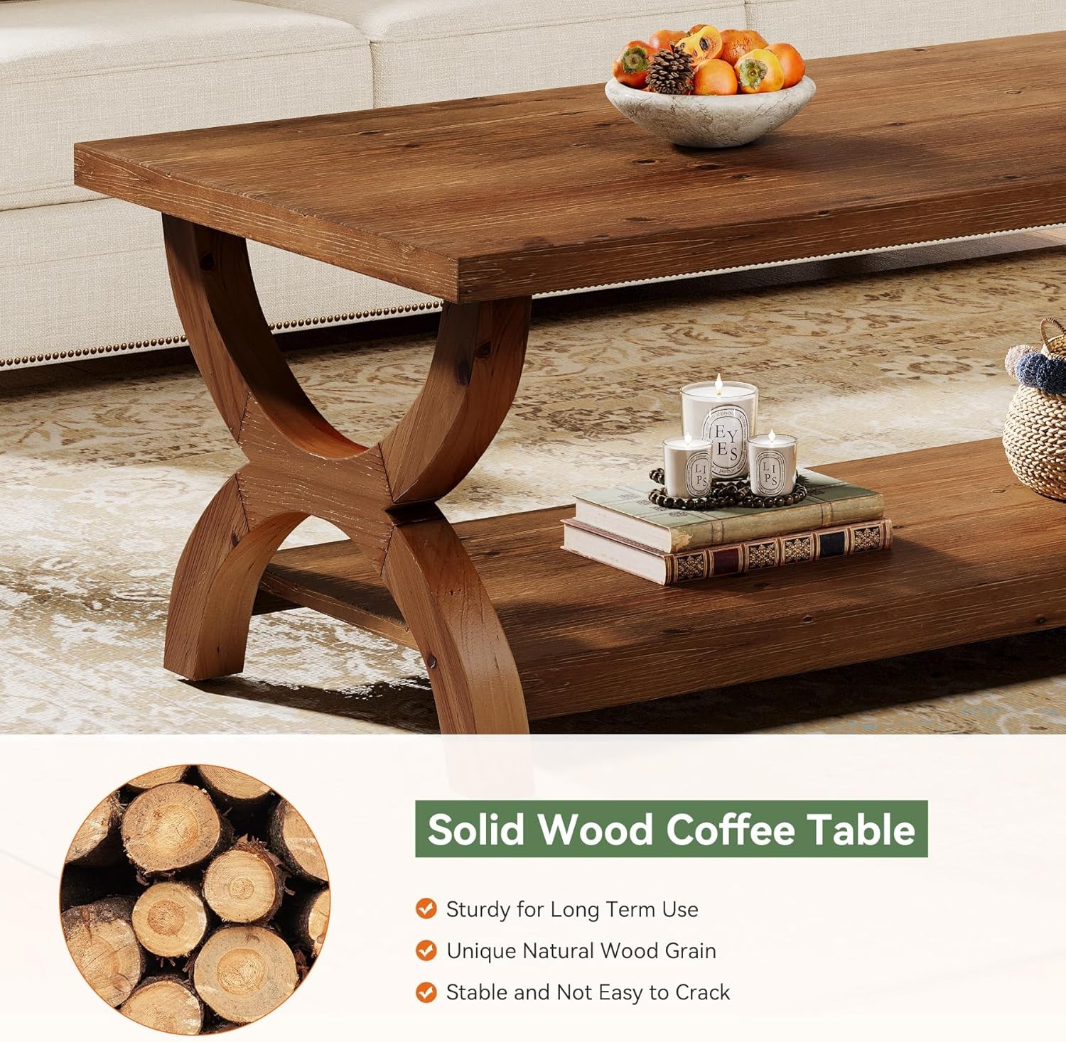 47-Inch Solid Wood Coffee Table Rectangular Accent Center Table for Living Room