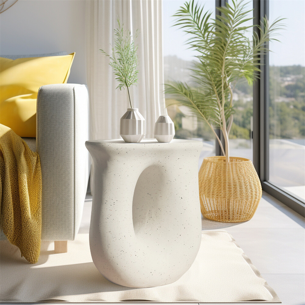 Outdoor Lightweight Concrete Side Table Garden Stool Terrazzo Plant Table White