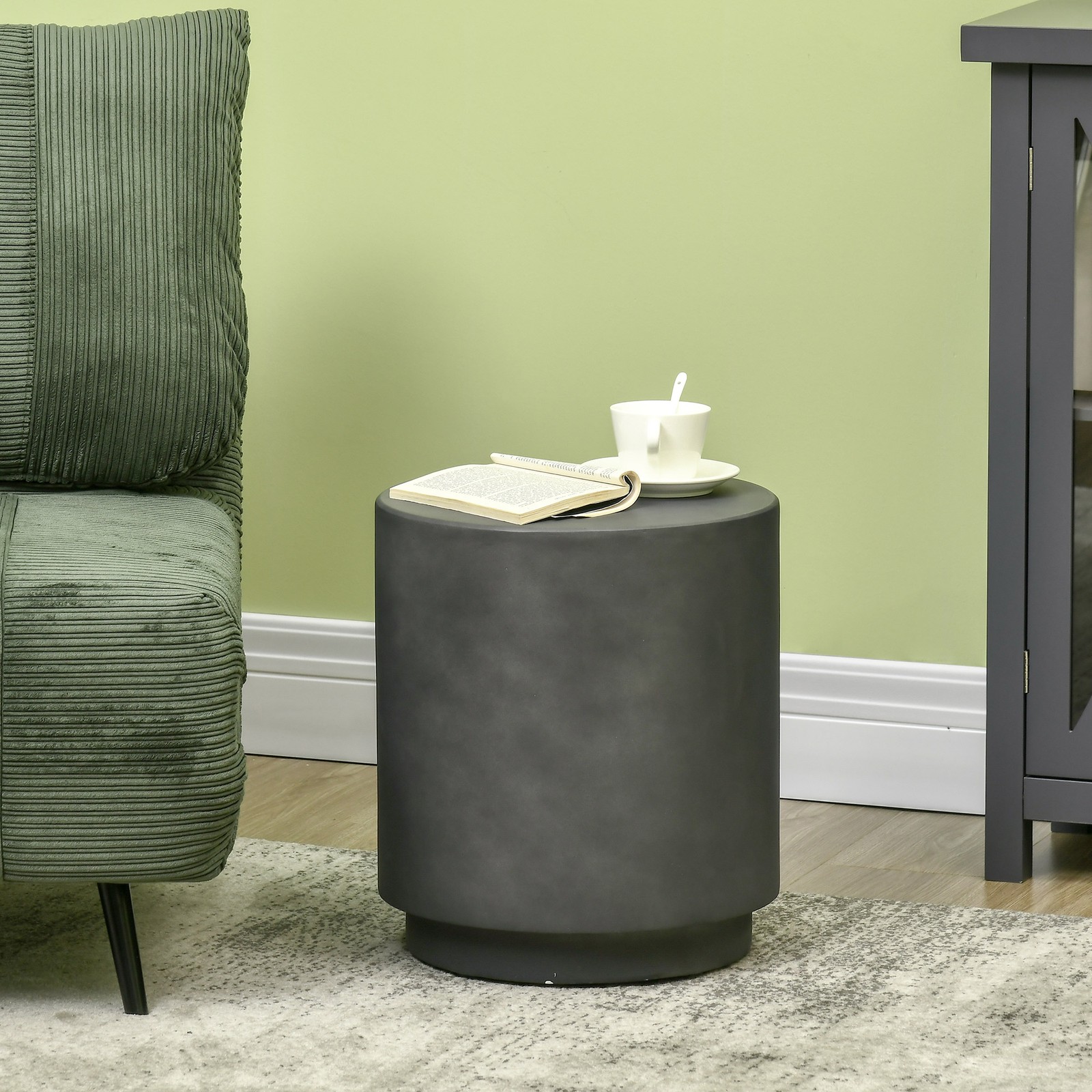 Lightweight Accent Table with Concrete Finish Round Side Table, Dark Gray