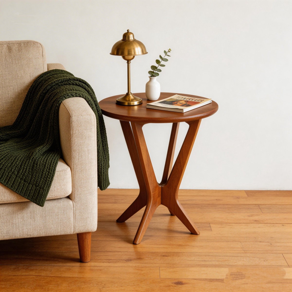Solid Wood Round End Table 19.69” Mid-Century Modern Side Table for Living Room