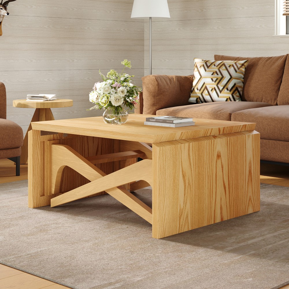 2-in-1 Natural Wood Coffee Table, Transformer to Dining Table, Height Adjustable