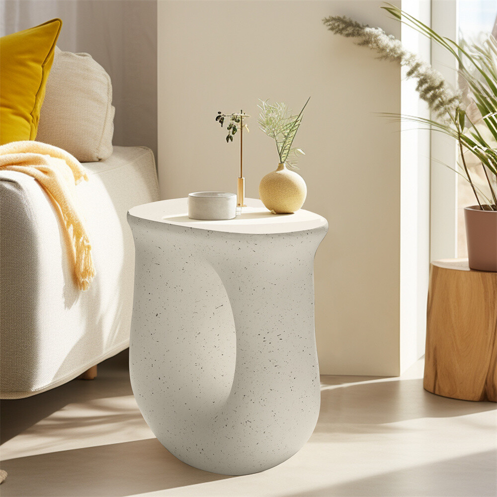 Outdoor Lightweight Concrete Side Table Garden Stool Terrazzo Plant Table White