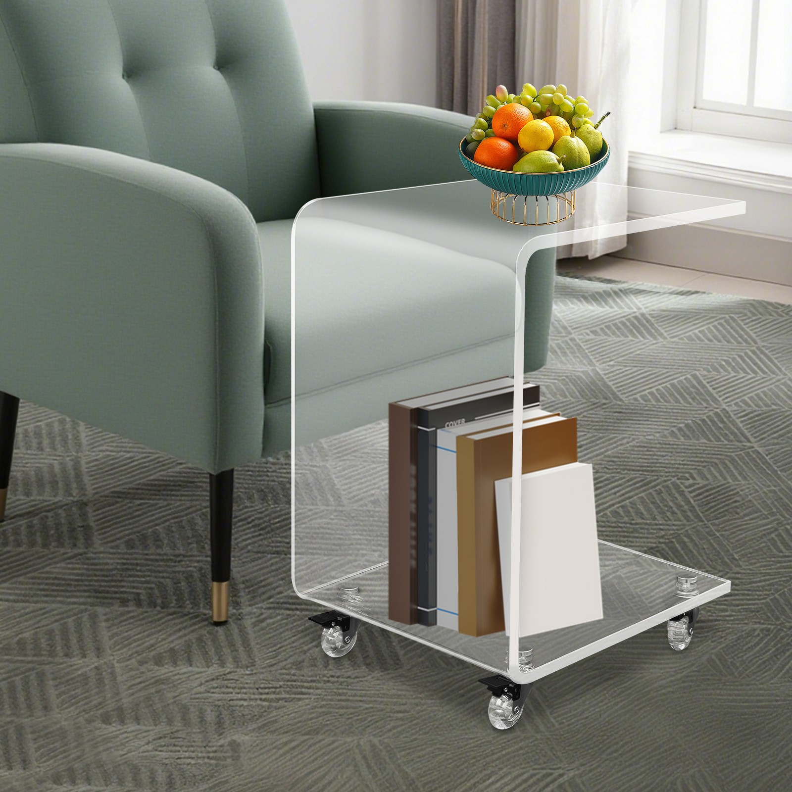 Clear Acrylic C-Shaped Side Table 13.8 × 13.8 × 22 In With 4 Wheels
