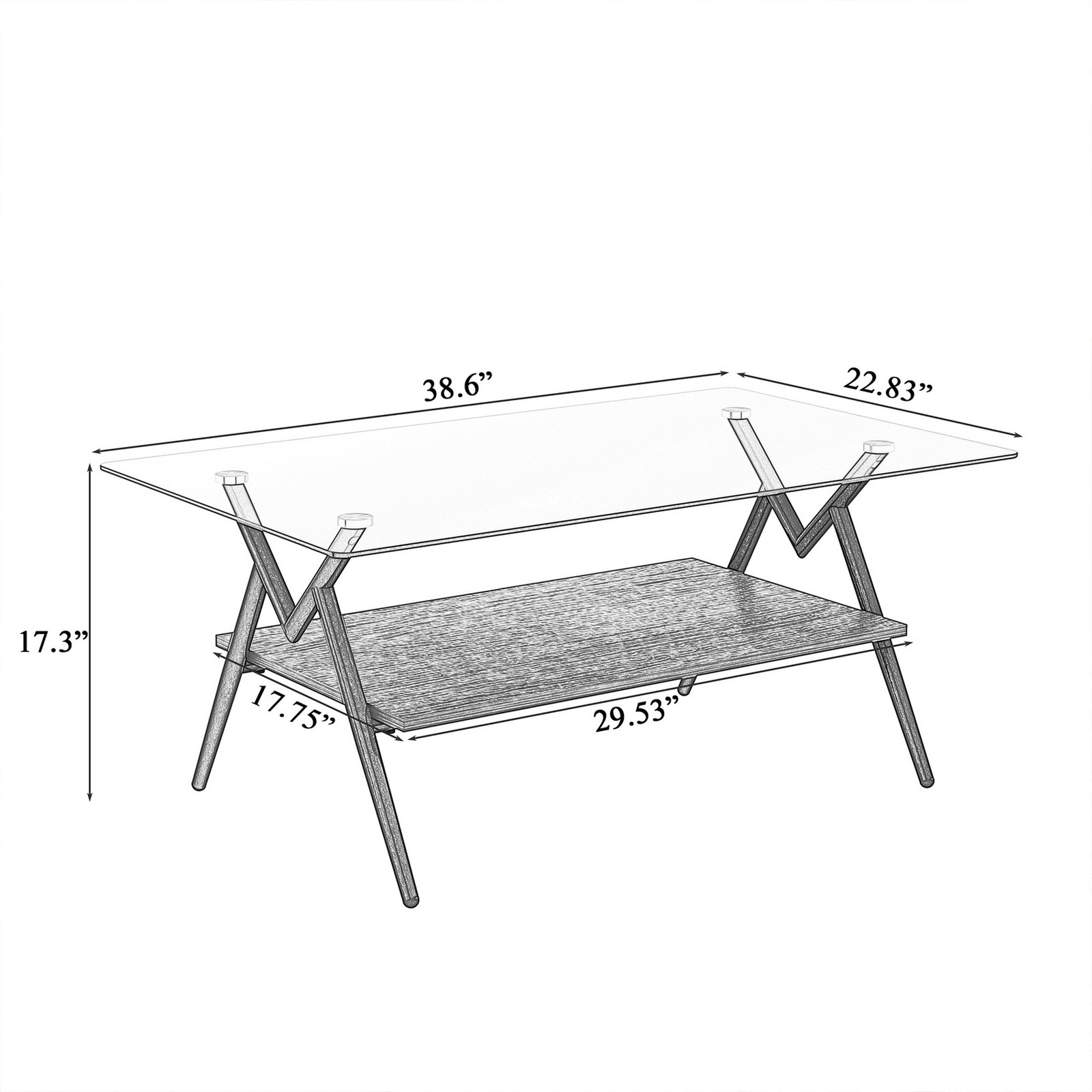 W38.6″ Tempered Glass Metal Legs Coffee Table Sofa Cocktail Centre Table w Shelf