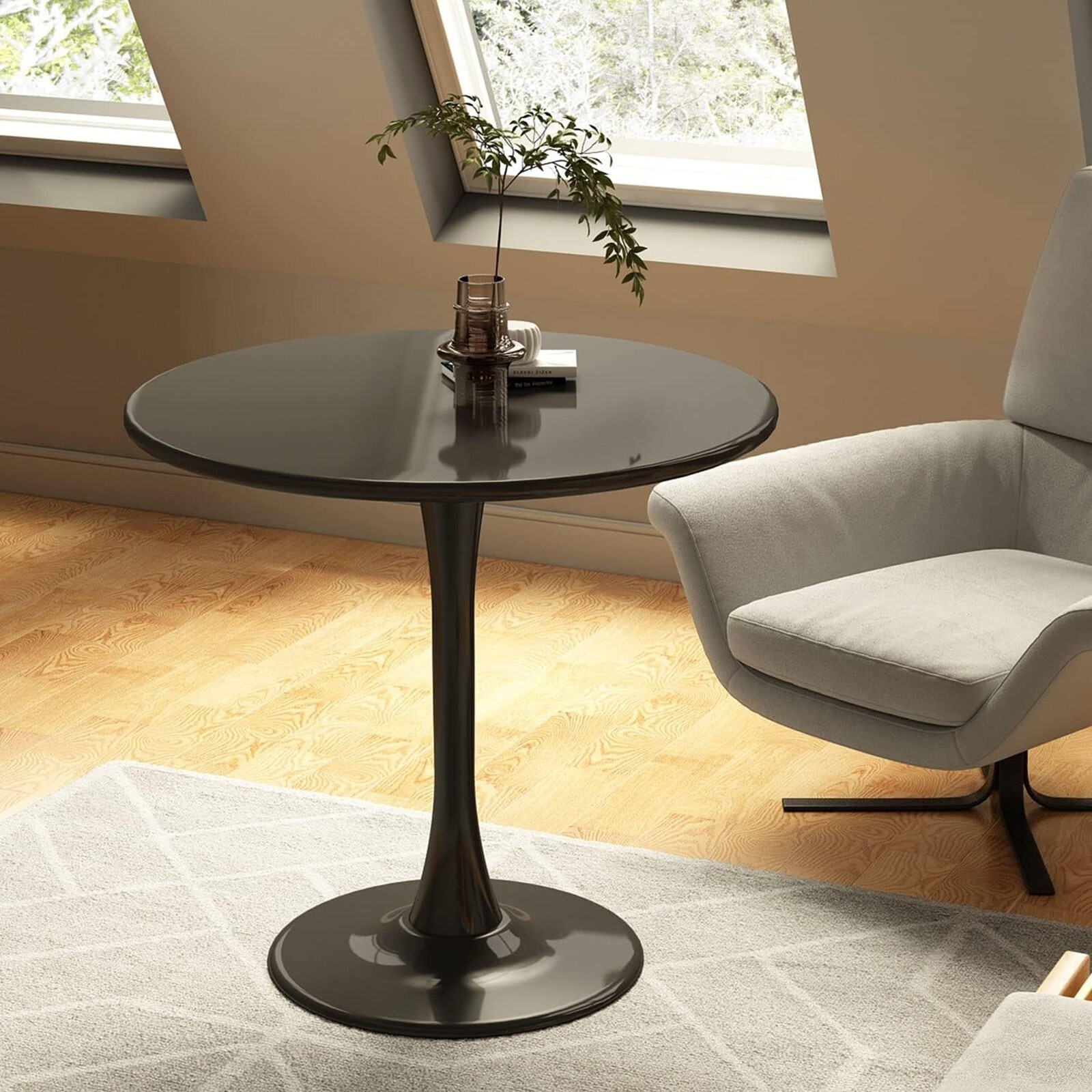 Round Tulip Dining Table 31.5” Kitchen Table w/ MDF Top & Metal Pedestal Base