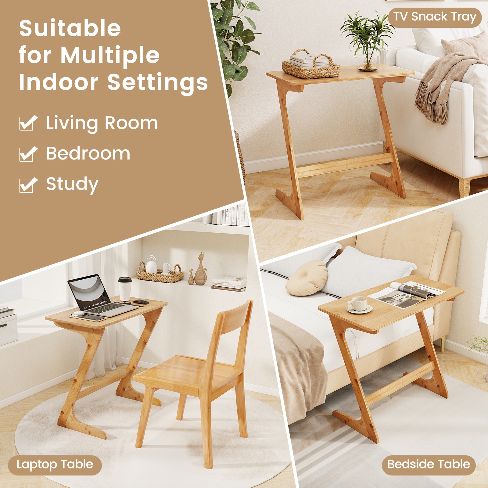 Bamboo Sofa Side Table Z-Shaped Spacious Tabletop Space-Saving TV Snack Tray