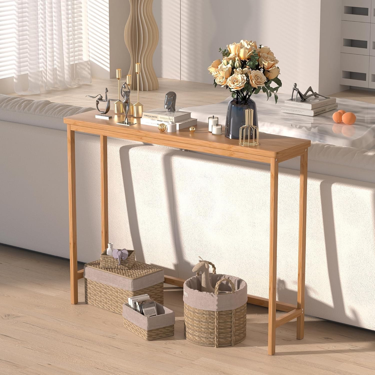 Bamboo Console Table Entryway Narrow Sofa Table Hallway Living Room Natural