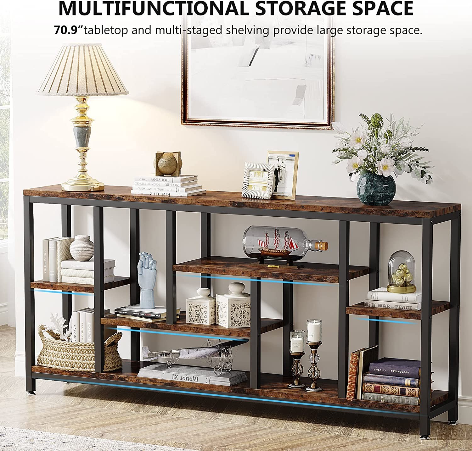 Modern Wood Console Table with 3-Tier Storage Shelves for Living Room Entryway