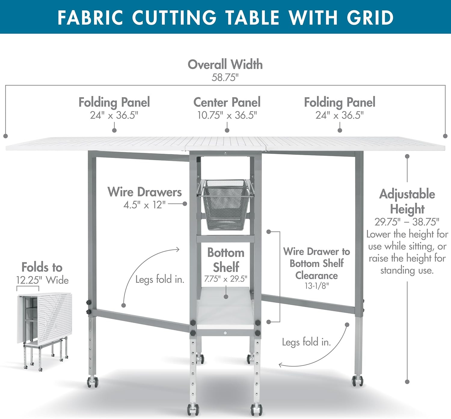 Foldable Hobby and Cutting Grid Table – 58.75″ W X 36.5″ D White Arts and Crafts
