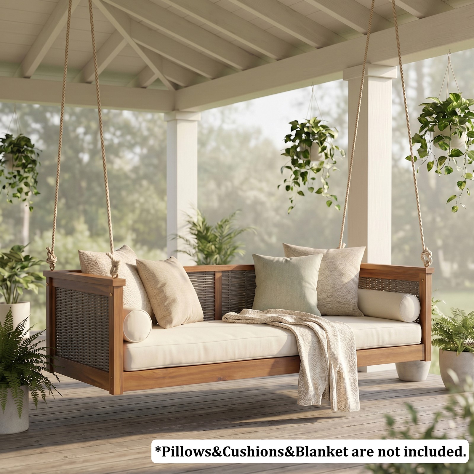 Acacia Wood Rattan Swing Bed Twin Size Outdoor Patio Porch Teak
