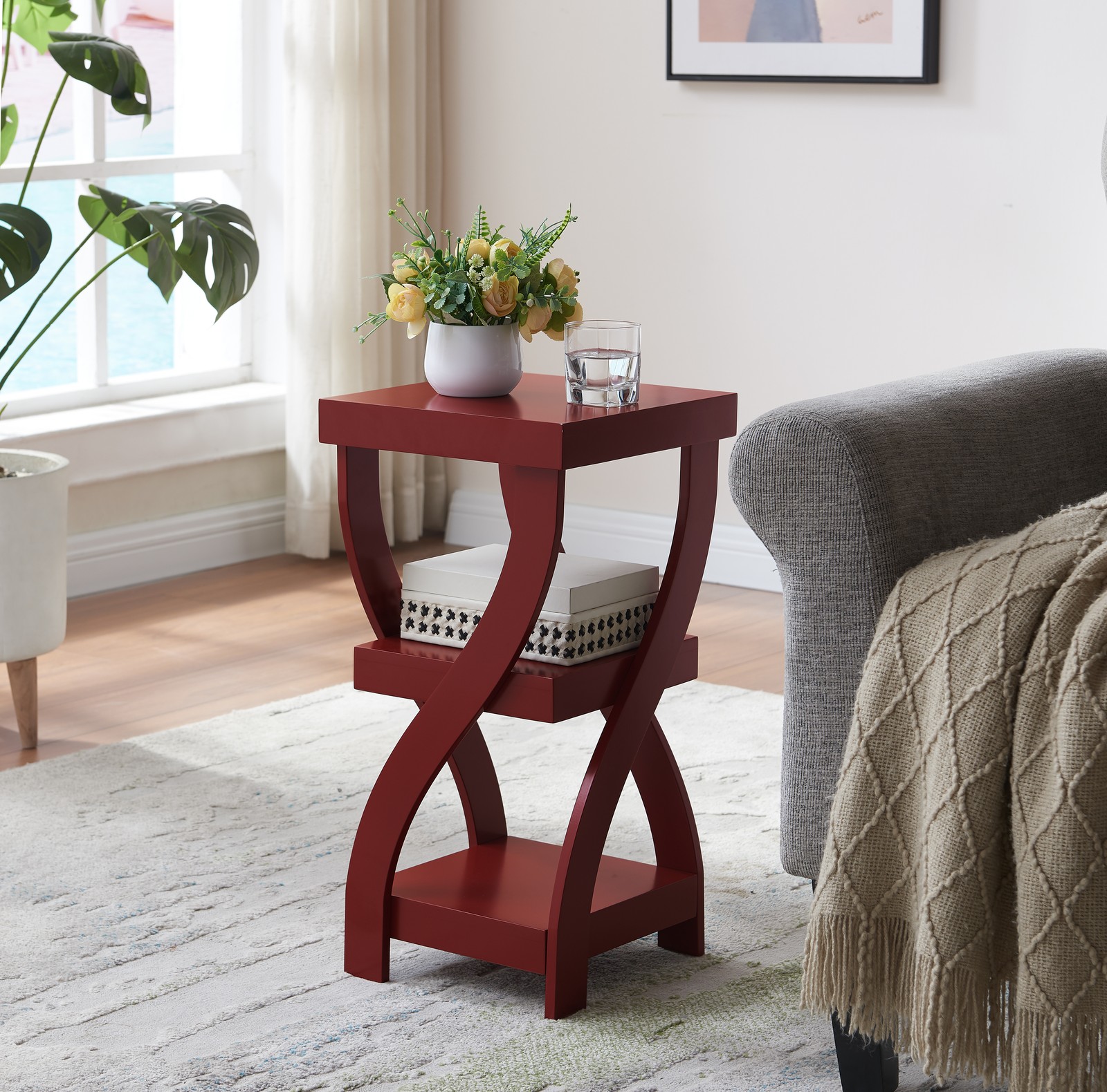 Kings Brand – 2 Tier Side End Table with Storage, Living Room, Entryway, Red
