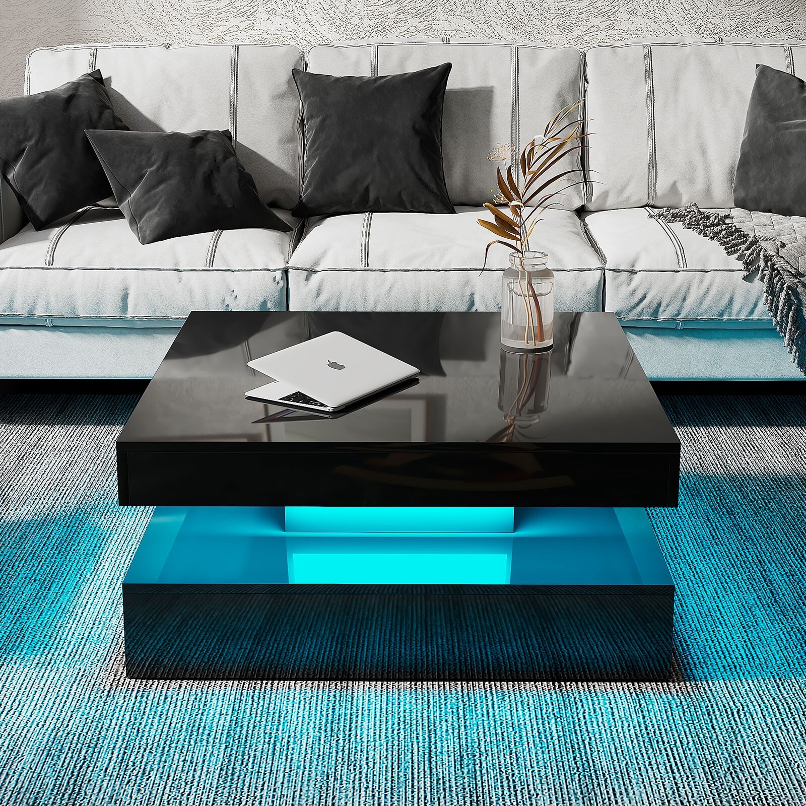 Square Coffee Table Black High Gloss Wooden Centre Tea Table with LED RGB Lights