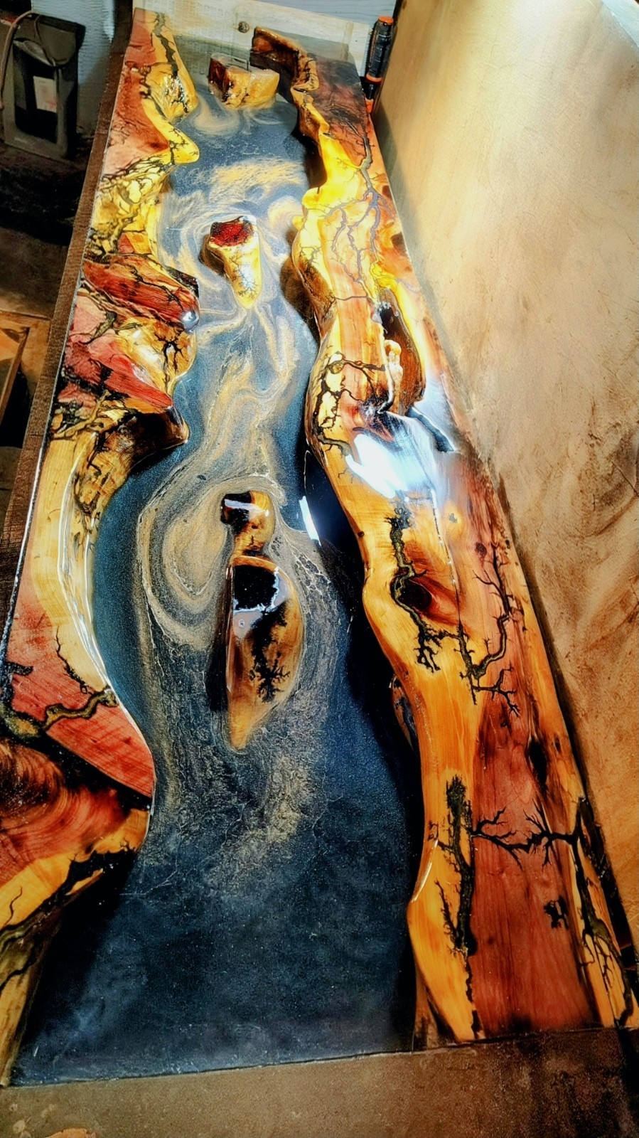 Red Cedar Epoxy Translucent River Table With Electricity Fracked Accents