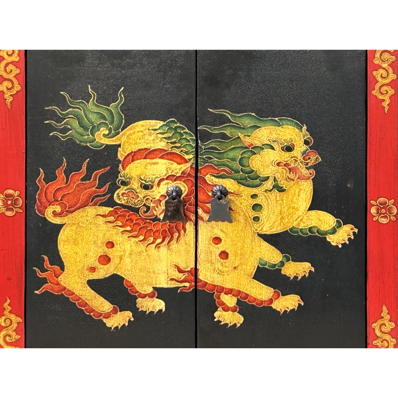 Tibetan Oriental Black Red Foo Dogs Lions End Table Nightstand GB158