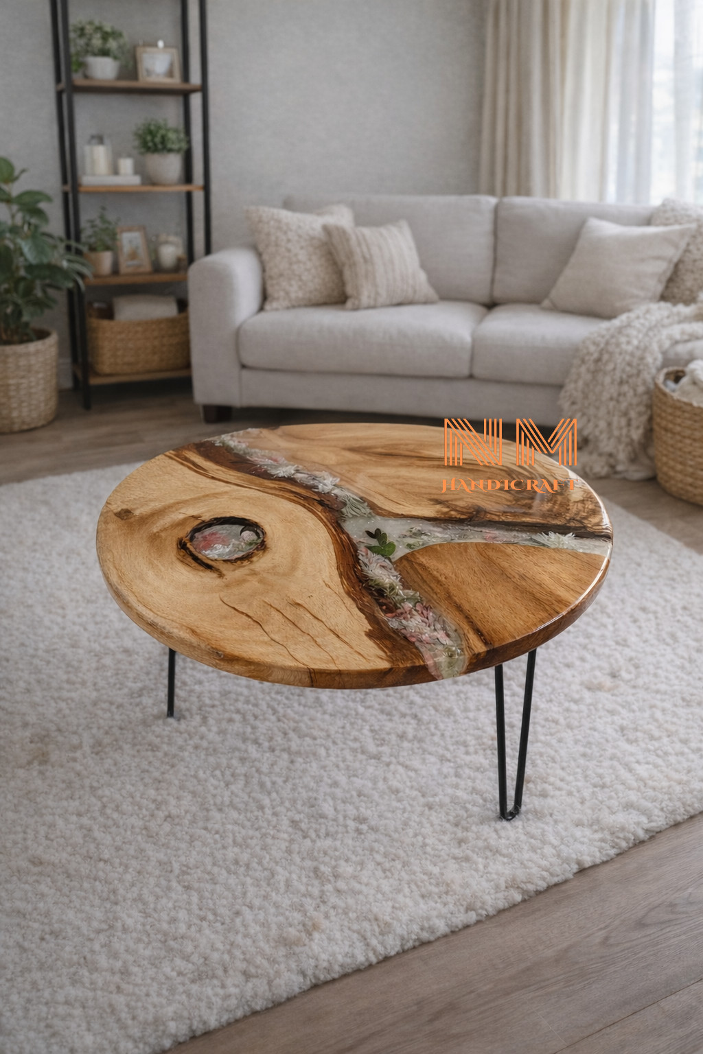 18″ Epoxy Resin Round Coffee Table With Flowers, Acacia Wood Table Top