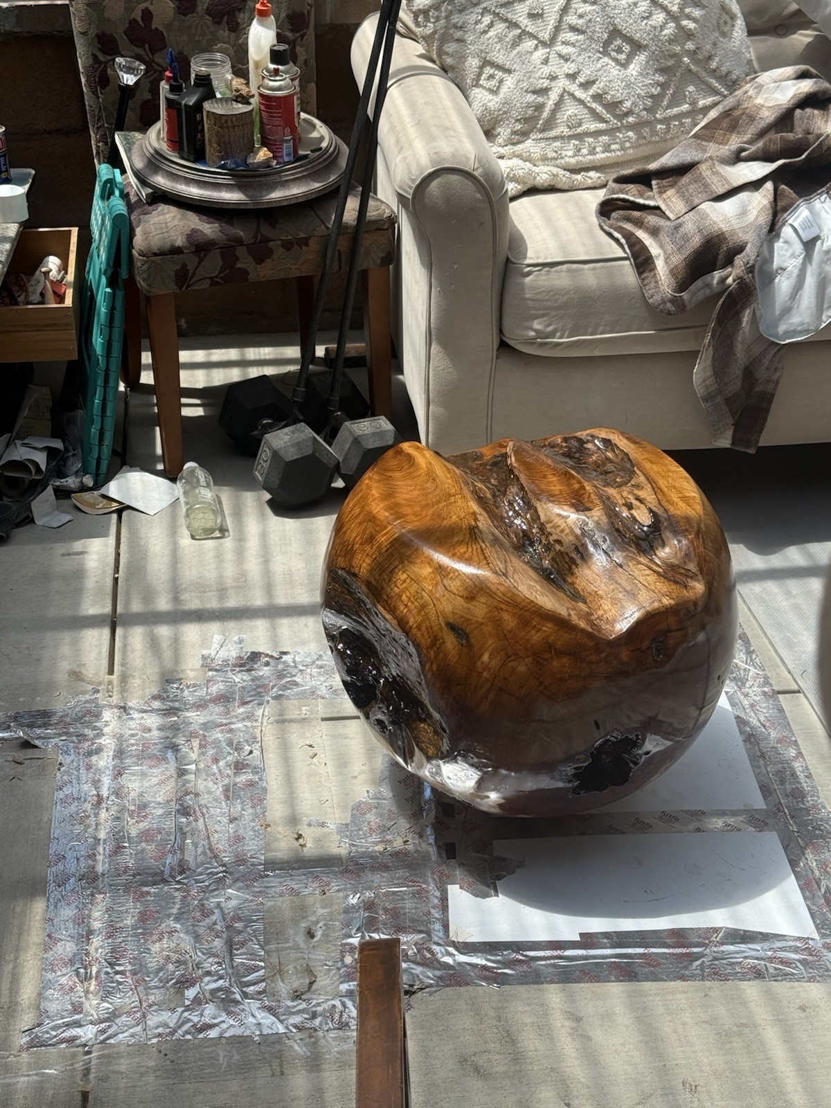 Teak Burl Epoxy Glass Top Side Table Handmade Floating Base Modern 22.5”H