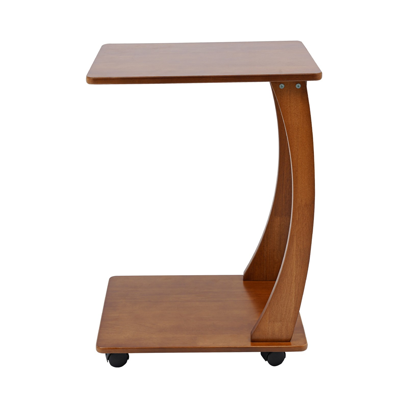 Solid Wood End Table With Rolling Wheels, C Shaped Side Table, Tv Tray Table